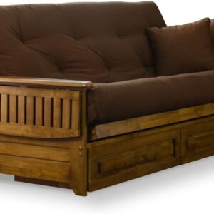 Nirvana Futons Brentwood Tray Arm Futon Frame, Drawers, and Microfiber Fudge Mattress Set - Full, Heritage Finish