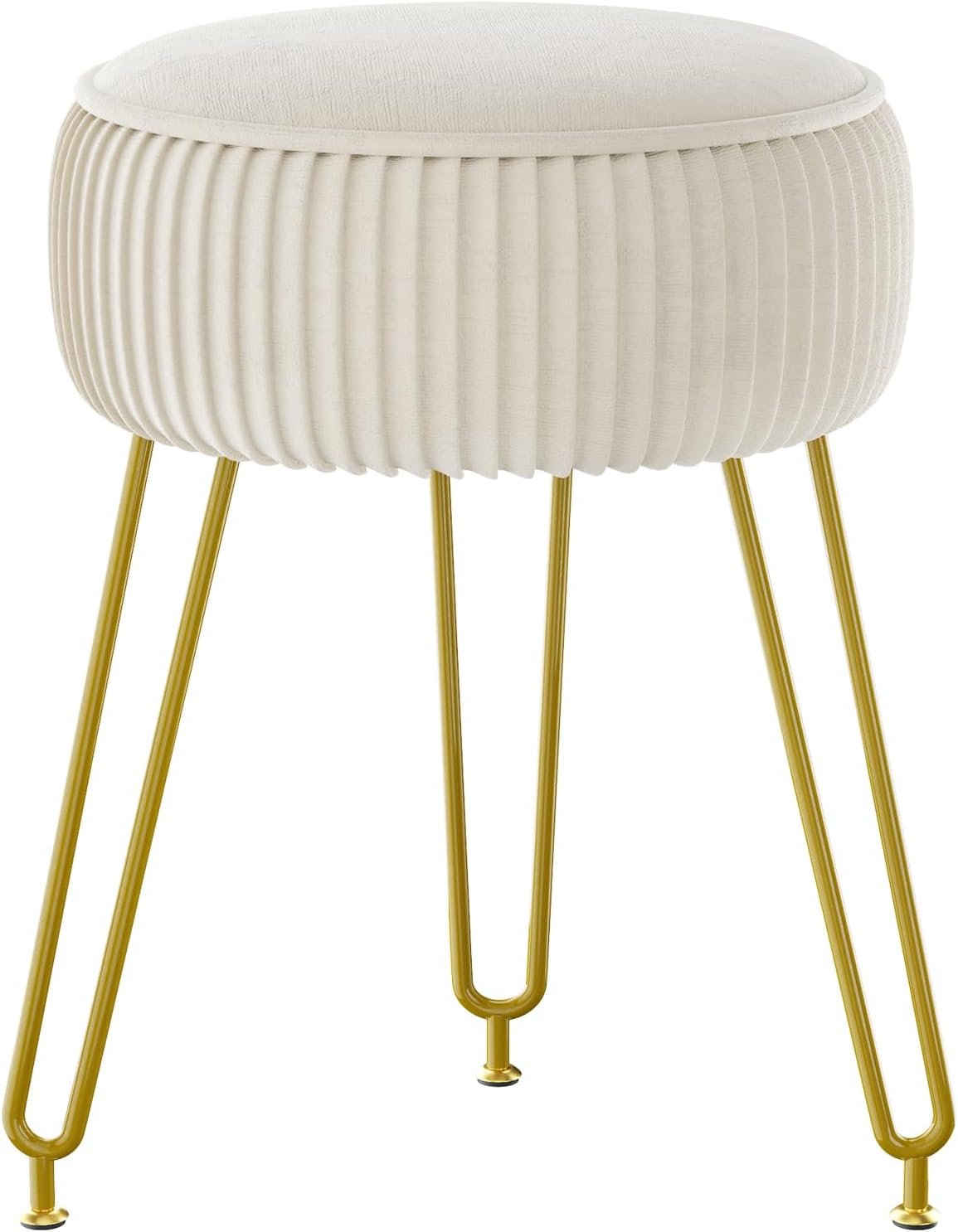 IBUYKE Velvet Round Footrest Stool Ottoman, Makeup Vanity Stool Side Table, Velvet Dressing Table Seat, Pouf Couch Stool, Golden Steel Legs, Creamy-White LG-30M