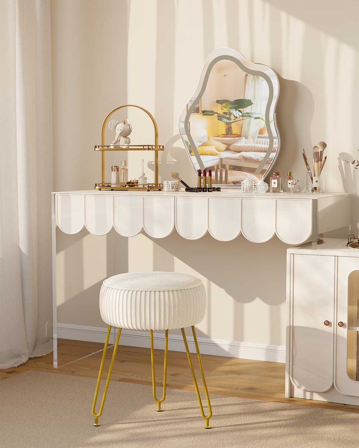 IBUYKE Velvet Round Footrest Stool Ottoman, Makeup Vanity Stool Side Table, Velvet Dressing Table Seat, Pouf Couch Stool, Golden Steel Legs, Creamy-White LG-30M - Image 4