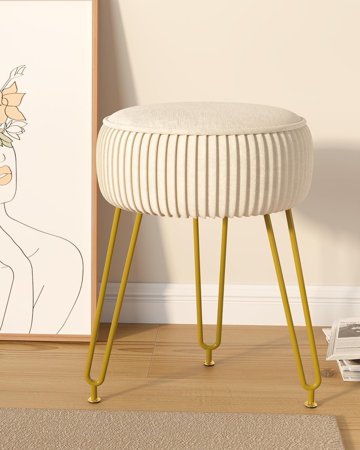 IBUYKE Velvet Round Footrest Stool Ottoman, Makeup Vanity Stool Side Table, Velvet Dressing Table Seat, Pouf Couch Stool, Golden Steel Legs, Creamy-White LG-30M - Image 2