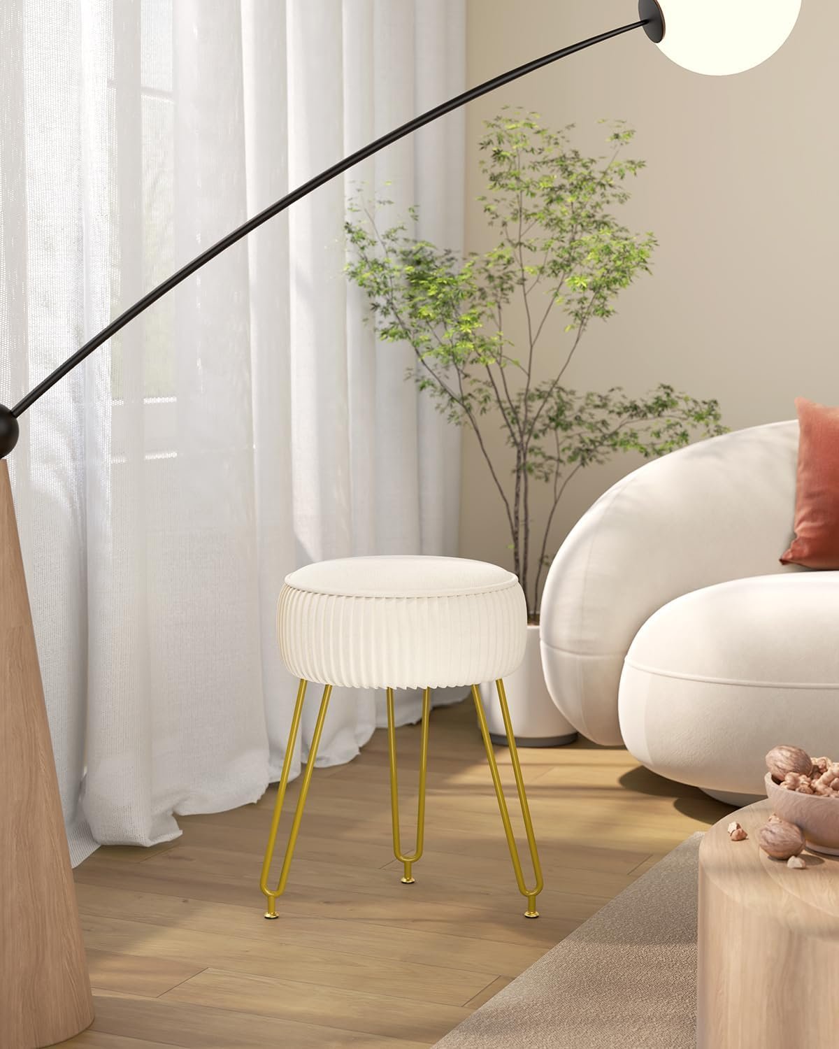 IBUYKE Velvet Round Footrest Stool Ottoman, Makeup Vanity Stool Side Table, Velvet Dressing Table Seat, Pouf Couch Stool, Golden Steel Legs, Creamy-White LG-30M - Image 5
