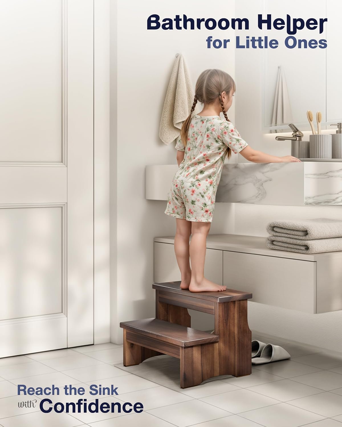 Wooden Two Step Stool, Heavy Duty 2-Step Ladder for Adults & Kids, Supports up to 450lbs for Kitchen, Bathroom or Bedside Use (Walnut Finish) - Image 5