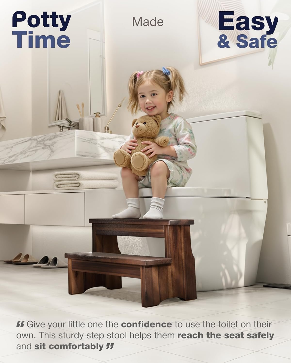 Wooden Two Step Stool, Heavy Duty 2-Step Ladder for Adults & Kids, Supports up to 450lbs for Kitchen, Bathroom or Bedside Use (Walnut Finish) - Image 7