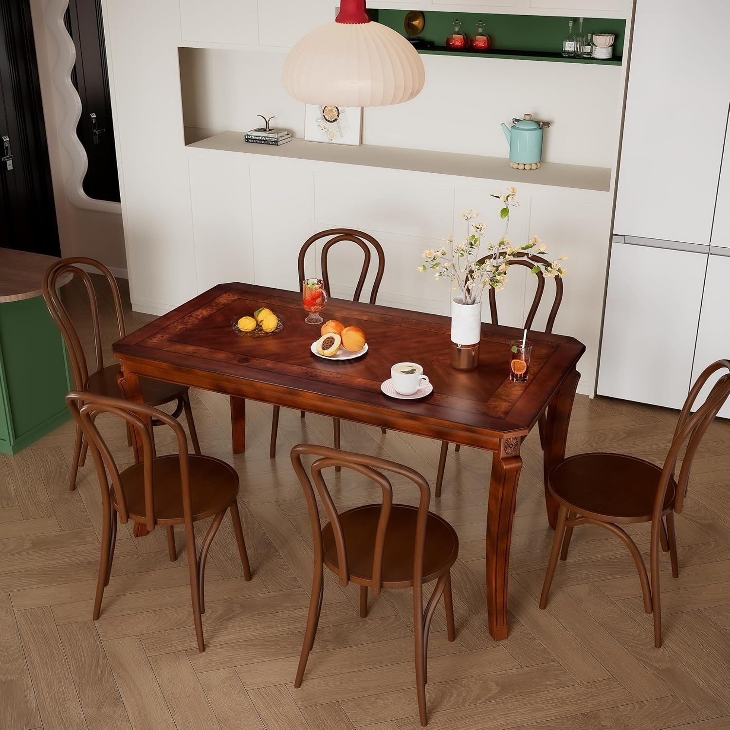 MODERION 59”Farmhouse Dining Table with Carved Legs,Rectangular Kitchen Table for 4–6 Person, Solid Wood Dinner Table for Living Room, Dining Room,Easy Assembly Cherry Brown CZ-A1168-WD - Image 4