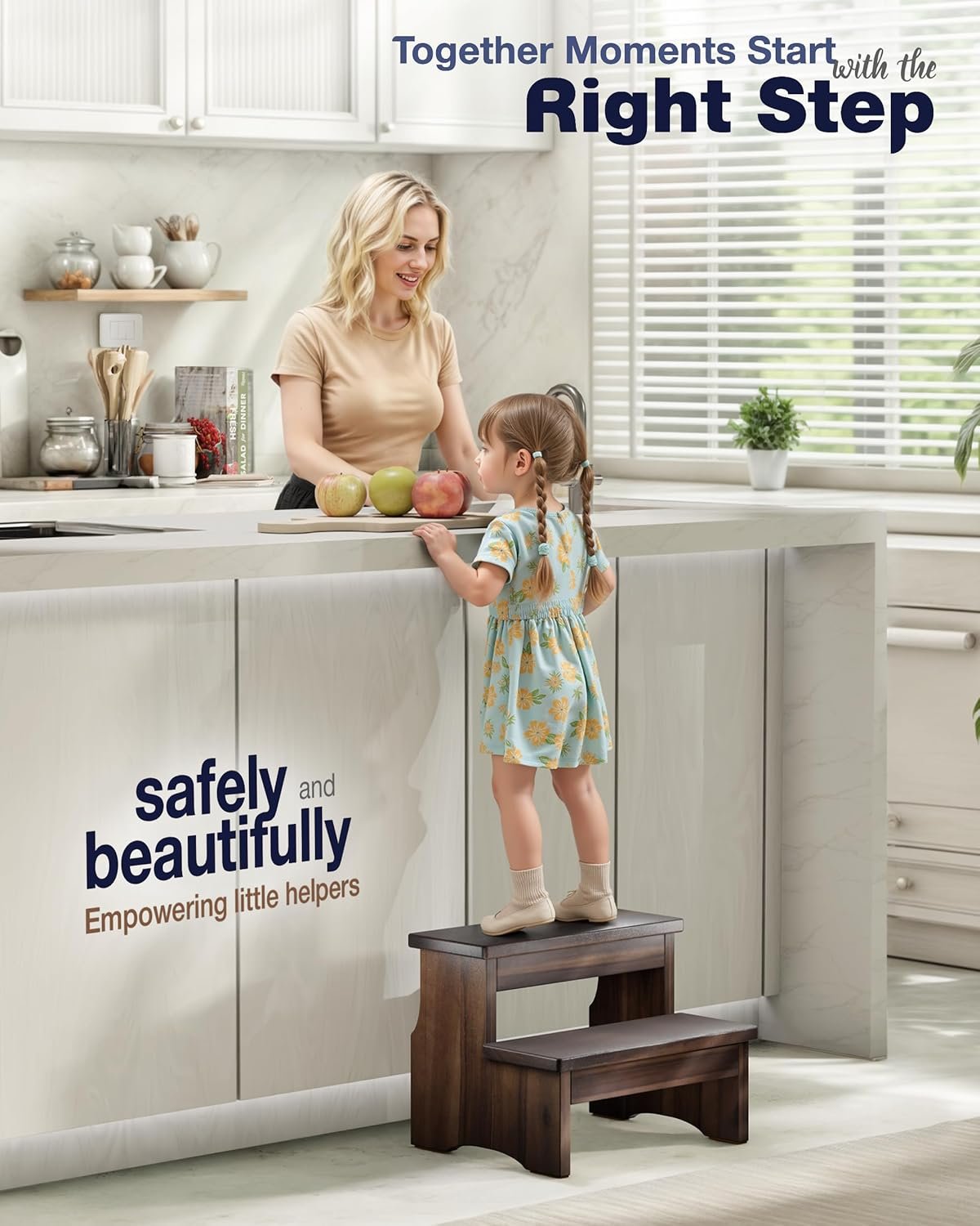 Wooden Two Step Stool, Heavy Duty 2-Step Ladder for Adults & Kids, Supports up to 450lbs for Kitchen, Bathroom or Bedside Use (Walnut Finish) - Image 6