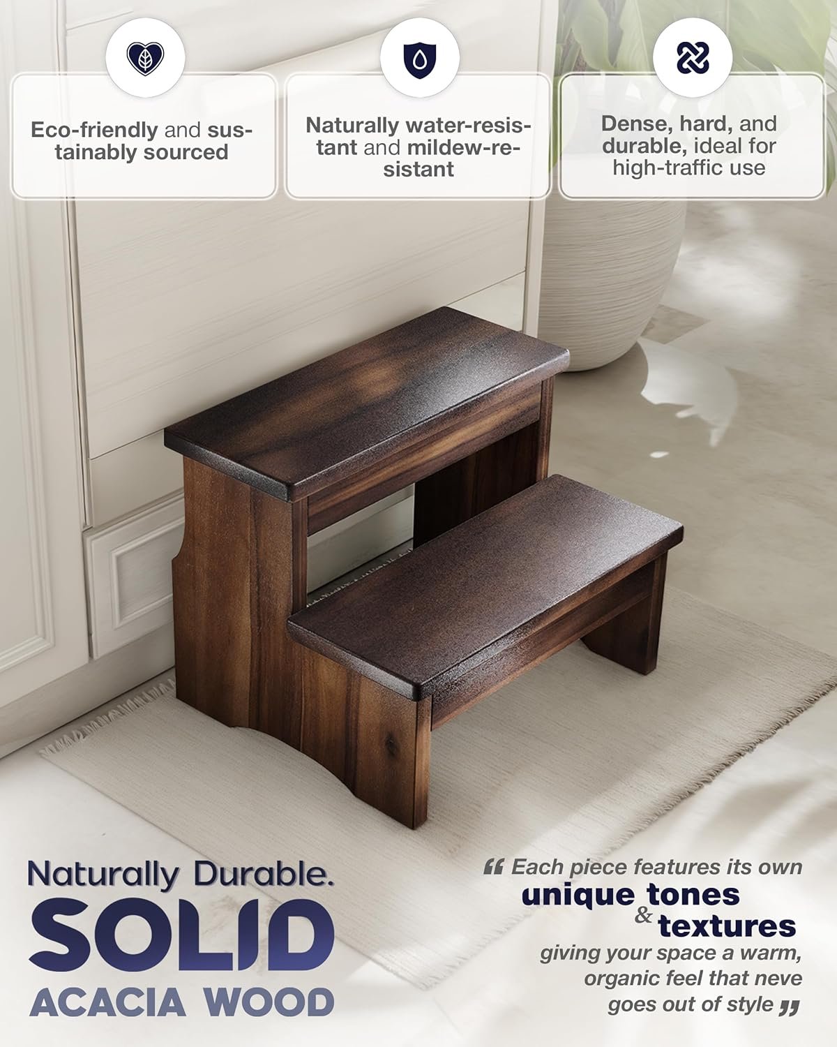 Wooden Two Step Stool, Heavy Duty 2-Step Ladder for Adults & Kids, Supports up to 450lbs for Kitchen, Bathroom or Bedside Use (Walnut Finish) - Image 2