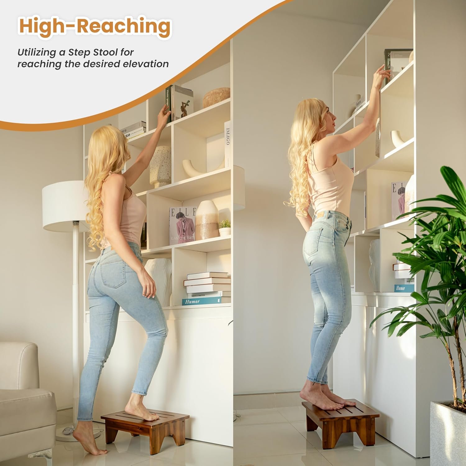 Holana 6" Acacia Wood One Step Stool for Adults - 300 Lbs Wooden Step Stools Heavy Duty for High Bed Riser, Bathroom, Bedroom - Small Stepping Stool for Elderly, Seniors, Kids, Handicap Use Indoor - Image 2