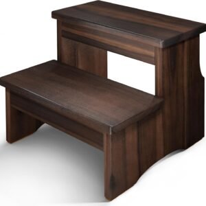 Wooden Two Step Stool, Heavy Duty 2-Step Ladder for Adults & Kids, Supports up to 450lbs for Kitchen, Bathroom or Bedside Use (Walnut Finish)