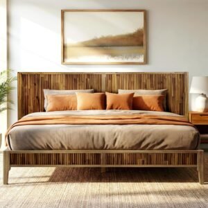 Bosk King Size Bed Frame with Headboard, Solid Acacia Wood Platform Bed, No Box Spring Need, Fluted Mid-Century Modern Design, Easy Assembly, Compatible with 8-12-14"" Mattress Thickness, Walnut
