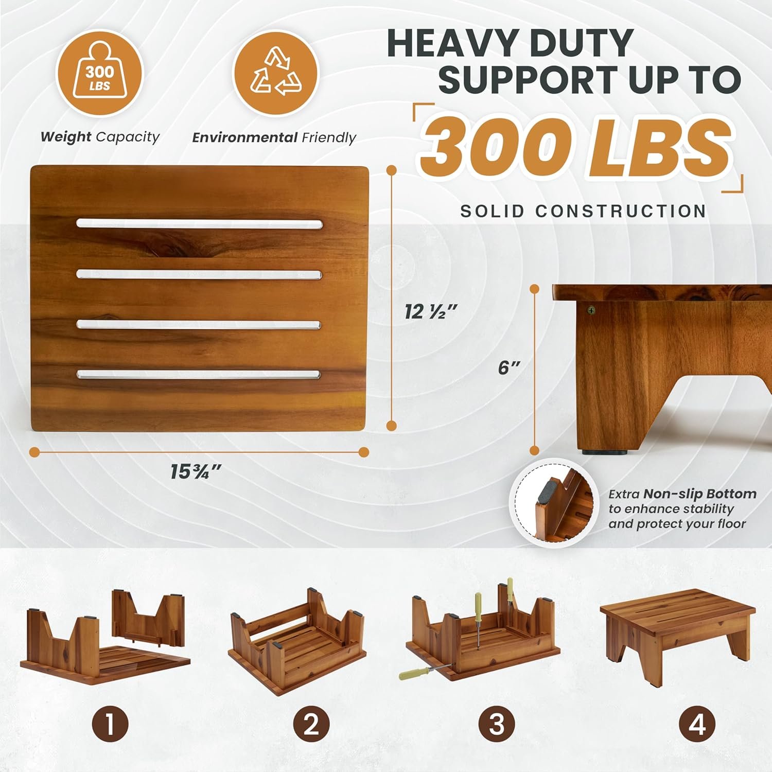 Holana 6" Acacia Wood One Step Stool for Adults - 300 Lbs Wooden Step Stools Heavy Duty for High Bed Riser, Bathroom, Bedroom - Small Stepping Stool for Elderly, Seniors, Kids, Handicap Use Indoor - Image 5