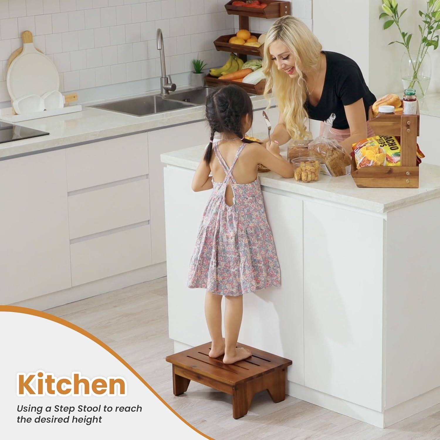 Holana 6" Acacia Wood One Step Stool for Adults - 300 Lbs Wooden Step Stools Heavy Duty for High Bed Riser, Bathroom, Bedroom - Small Stepping Stool for Elderly, Seniors, Kids, Handicap Use Indoor - Image 3