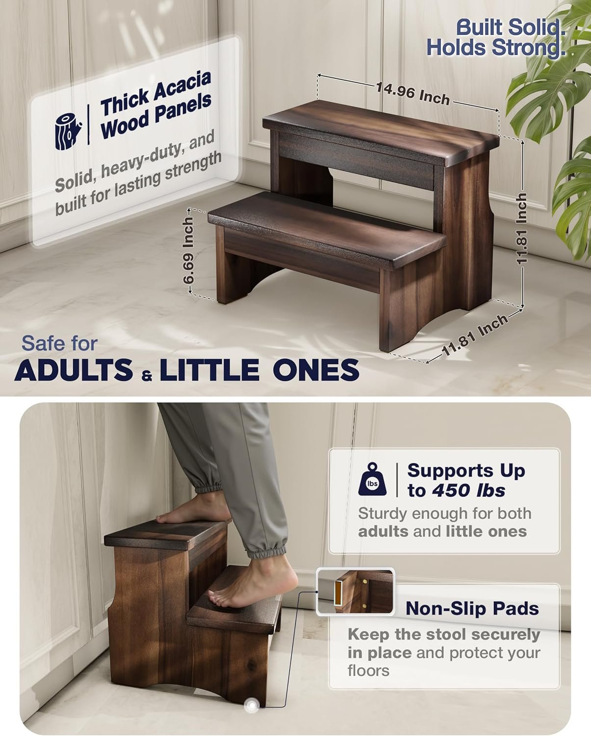 Wooden Two Step Stool, Heavy Duty 2-Step Ladder for Adults & Kids, Supports up to 450lbs for Kitchen, Bathroom or Bedside Use (Walnut Finish) - Image 3