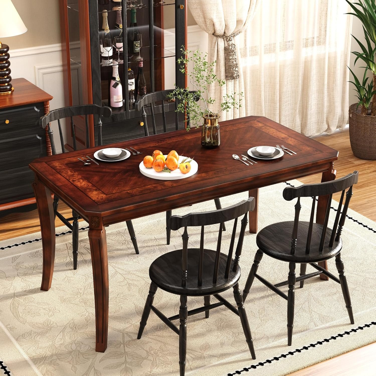 MODERION 59”Farmhouse Dining Table with Carved Legs,Rectangular Kitchen Table for 4–6 Person, Solid Wood Dinner Table for Living Room, Dining Room,Easy Assembly Cherry Brown CZ-A1168-WD - Image 2