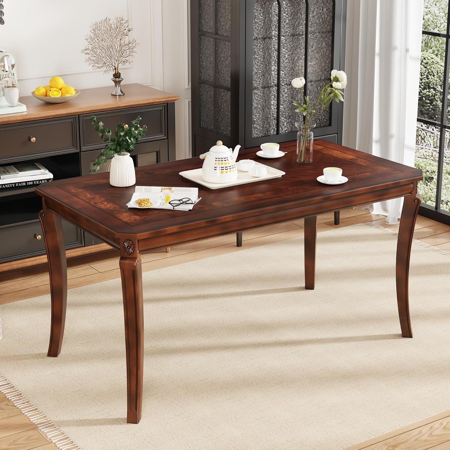 MODERION 59”Farmhouse Dining Table with Carved Legs,Rectangular Kitchen Table for 4–6 Person, Solid Wood Dinner Table for Living Room, Dining Room,Easy Assembly Cherry Brown CZ-A1168-WD
